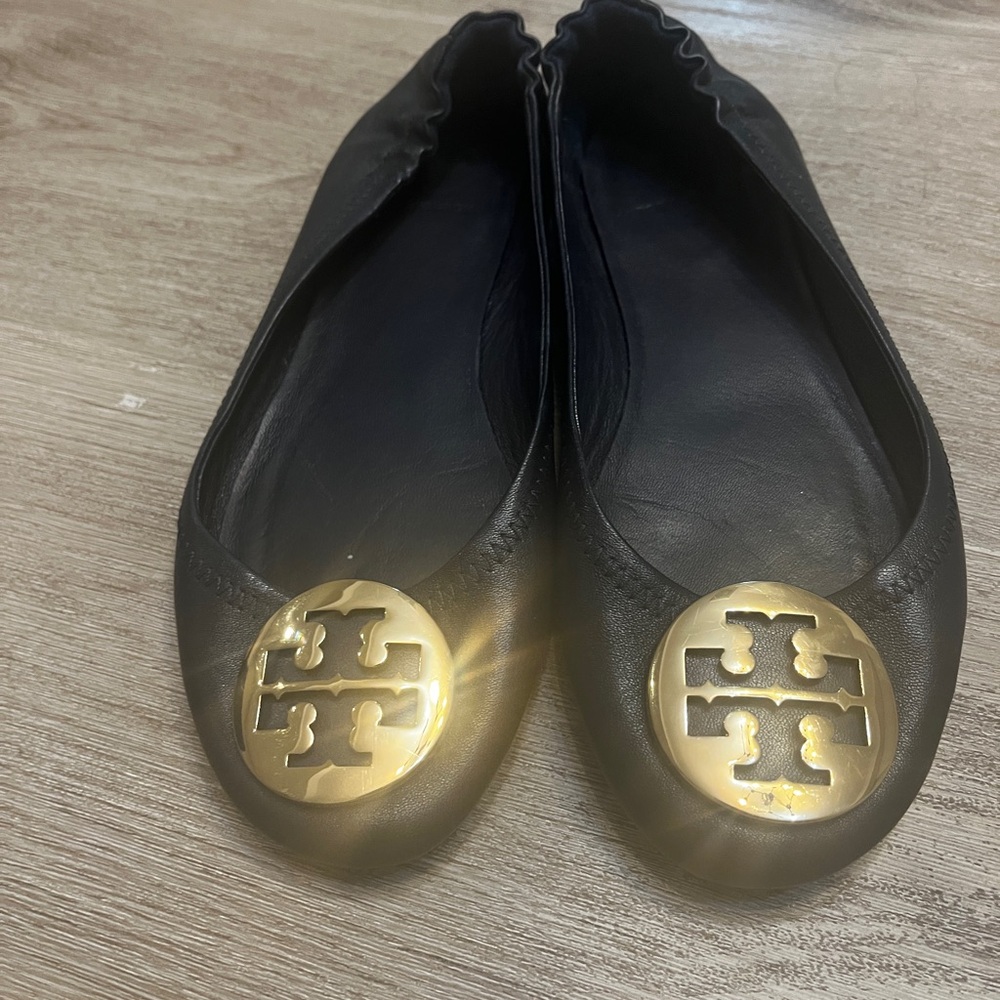 Tory Burch Black Flats with Gold Emblem